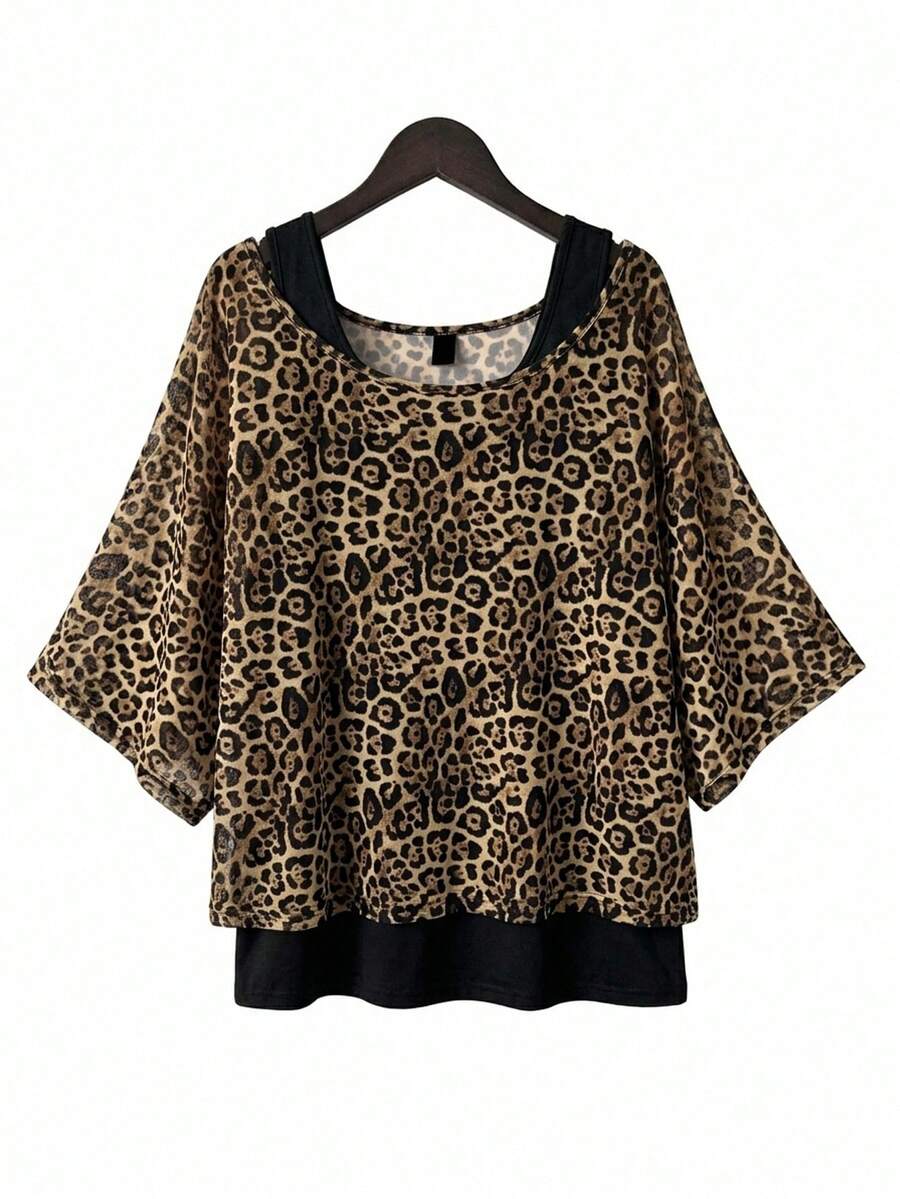 SHEIN Essnce Ensemble deux pièces pour femmes grandes tailles, mode printemps/été décontracté, extensible et confortable. Gilet long noir polyvalent et affinant, avec cache-maillot transparent à imprimé léopard. Tenue de sortie, tenue de travail, style simple, été européen - Tabac - Voir 1