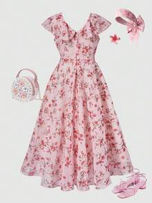 SHEIN Elladie kids Đầm dạ hội thanh lịch tối giản cho bé gái tuổi teen, cổ chữ V, tay bồng, không tay, eo cao, dài ngang gối, chất liệu chiffon màu xanh trơn, thích hợp cho lễ tốt nghiệp/đám cưới mùa hè. - Hồng - Xem 3