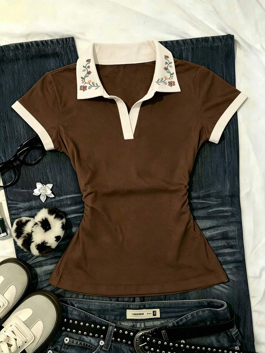 IslaSuriya Women's Floral Embroidery Patchwork Ruched Fitted Casual Daily Short Sleeve T-Shirt - Multicolor - View 1