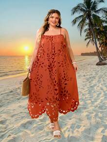 SHEIN CURVE+ Đầm dệt màu trơn phong cách Bohemian dành cho nữ, cỡ US22, thích hợp cho lễ hội âm nhạc, kỳ nghỉ biển, trang phục Bohemian cho lễ hội âm nhạc. - trái cam - Xem 6