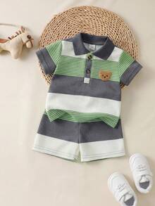 Souflis Souflis Bộ áo polo tay ngắn và quần short kẻ sọc không đều, dễ thương cho bé trai sơ sinh, thêu hình gấu, thích hợp cho mùa hè. - Nhiều màu - Xem 3