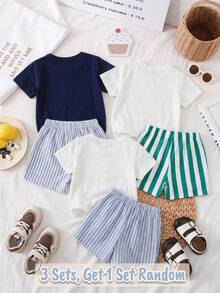 2pcs Baby Boy Casual Cartoon Pattern Round Neck Short Sleeve T-Shirt And Shorts Set, Suitable For Summer - Multicolor - View 5