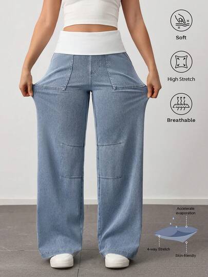 VARSIVA Quần jeans ống rộng dáng cargo co giãn, cạp gập dành cho nữ hiệu VARSITIE, kiểu dáng thể thao năng động, thoải mái và phù hợp mặc hàng ngày.