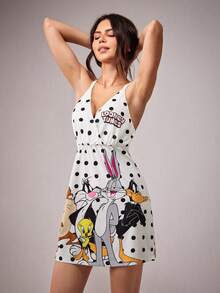 LOONEY TUNES X SHEIN Áo ngủ nữ hở lưng cổ yếm in họa tiết chấm bi hoạt hình - trắng - Xem 5