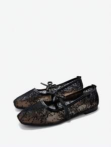 Eladyva Bow-Tie Square Toe Women's Flat, Knitted,Ballet, Low Vamp Ladies' Slip-On, Versatile, Bohemian, Black, White, Beige,Slouchy ,Elegant, Floral - Black - View 6