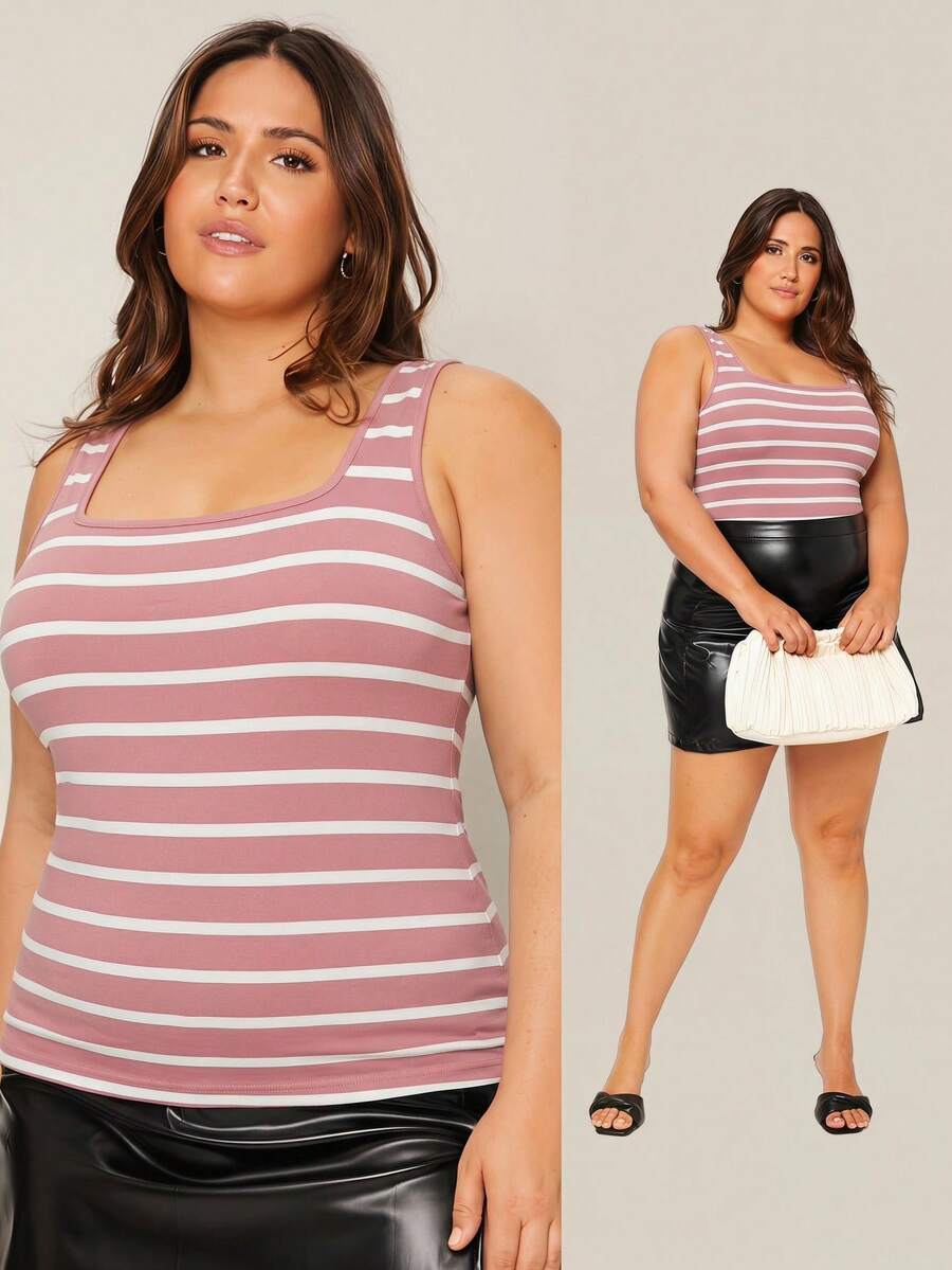 SHEIN BASICS 大码女式休闲条纹印花撞色背心