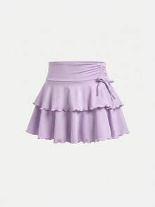 SHEIN Girlism Tween女孩/Tween女孩休閒黑色針織抽繩腰褶皺下擺裙，紫色 - 紫色 - 查看 2