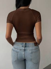 SHEIN BASICS Solid Color Knit Square Neck Fitted Cropped Top For Women Summer For Women - Brown - View 2
