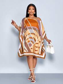 SOLERSUN Plus Size Women's White Summer Boho Sequin Vacation Al-Adha Mid Length Dress,Slanted Asymmetrical Shoulders,Green Abstract Geometric Print Woven - Orange - View 1