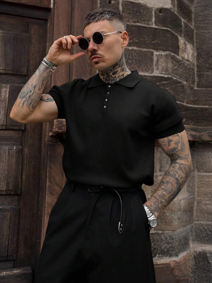 Artur Kramer Men's Hollow Design Knitted Polo Shirt, Minimalist Fashion, Suitable For Summer - Black - View 1