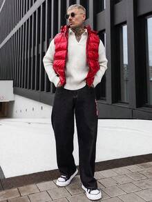 Artur Kramer Men's Simple Solid Color Zip-Up Hooded Padded Vest, Autumn/Winter Puffer Vest Red Clothes Red Puffer Vest Vests Red Vest - Red - View 1