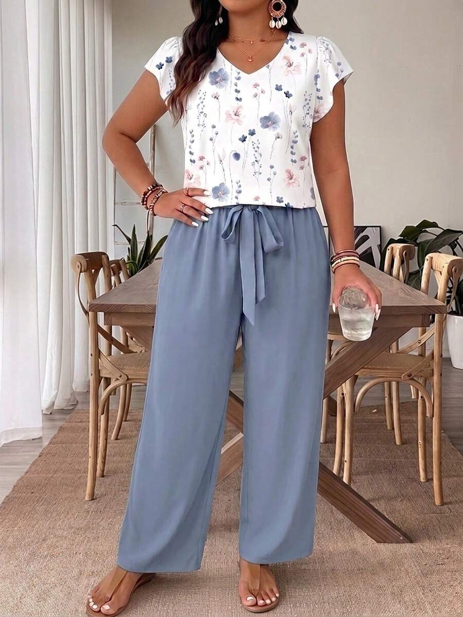 SHEIN Frenchy 大码印花衬衫和裤子两件套,休闲度假装 - 彩色 - 查看 1