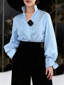 EMERY ROSE Áo sơ mi nữ cỡ lớn kiểu dáng thanh lịch, cổ đứng, viền tương phản, tay phồng - Màu xanh lam - Xem 5