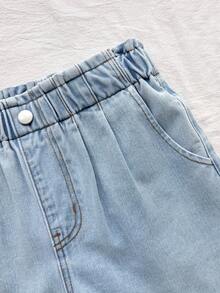 SHEIN Teen GirlCasual Denim Shorts, New Arrival, Fashionable Minimalist Design, Drawstring Waist, Light Blue Washed Soft Jeans Shorts - Light Wash - View 5