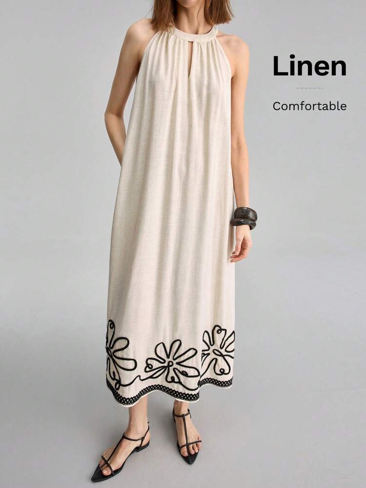 Linen Blend Dress For Women,Black Floral,Summer,Boho,Holiday,Tea Party,Holiday,Sleeveless A-Line Loose Fit Long Dress,Elegant Urban Chic Party Gown