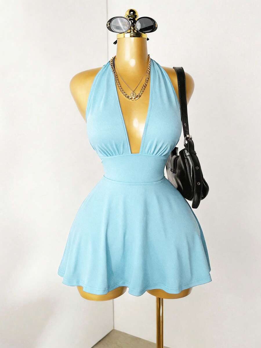 Mistrie Black Tight-Fitting Romper With Deep V-Neck, Backless Strap - Baby Blue - View 1