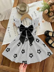 SHEIN LMoss Kids 女婴条纹碎花方领荷叶边下摆休闲连衣裙 - 黑與白 - 查看 3