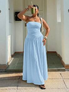 SHEIN EZwear Gaun Bandeau Berkerut Gaya Liburan Kasual Musim Panas untuk Wanita Ukuran Plus, Warna Polos, Kain Bertekstur, - Baby Blue - View 3