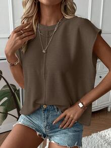 EMERY ROSE Women's Casual Commuting Minimalist Solid Color Cap Sleeve Loose Knit Sweater Vest - Mocha Brown - View 6