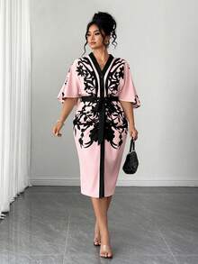 Elenzga Plus Size Women's Fashionable Elegant Batwing Sleeve V-Neck Open Front Bodycon Dress - Pink - View 6