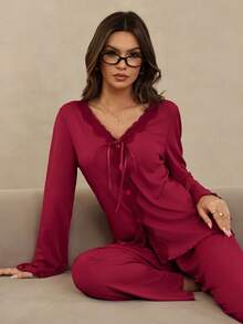 HautHeat Women's Lace Patchwork Tie-Up Single-Breasted Long Sleeve Top And Pants Casual Loungewear Set - Burgundy - View 7
