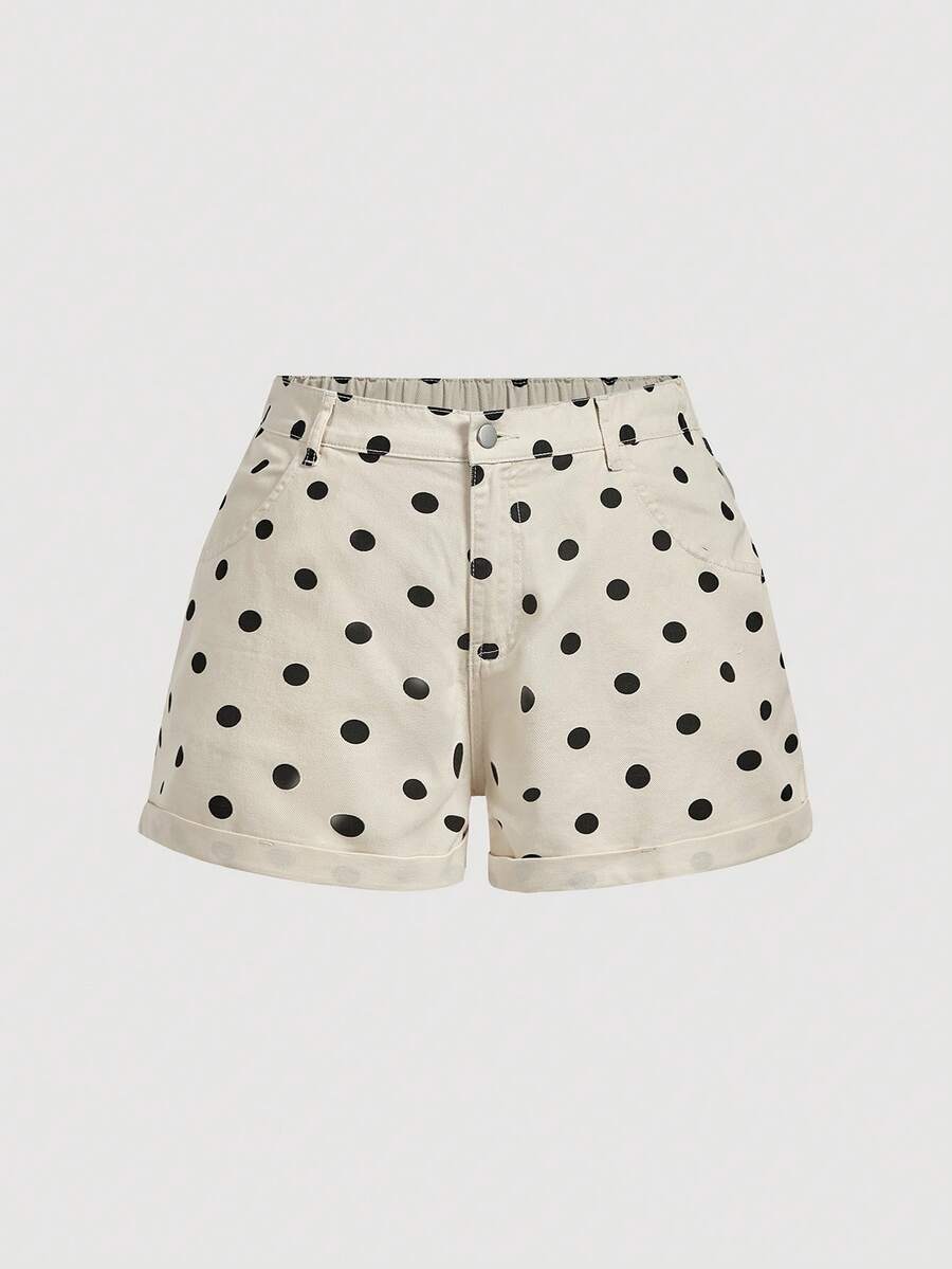 Sweetra Plus Size Women's Casual 90s Fashion Polka Dot Printed Denim Shorts, Summer Vacation Beige - Beige - View 1