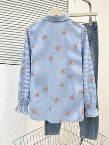 Lacomfia Embroidered Striped Fabric Long Sleeve Fitted Regular Shirt, Plus Size, Spring/Autumn - Multicolor - View 2