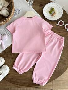 SHEIN 女嬰 2件/套 粉色條紋春季套裝 可愛夏季度假運動日常 寬鬆刺繡套裝 短澎澎袖上衣&條紋長褲 - 粉色 - 查看 2