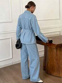 DAZY Bộ đồ denim nữ dáng rộng, thoải mái, phong cách thu đông mới, chất liệu denim bạc màu, có dây thắt eo. - Màu xanh lam - Xem 2