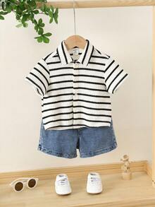 SHEIN Áo khoác cardigan tay ngắn cổ bẻ, họa tiết kẻ sọc, đa năng, phong cách thường ngày cho bé trai. - Nhiều màu - Xem 4