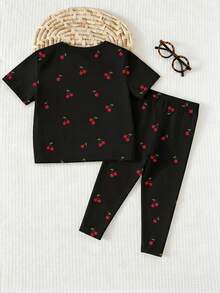Baby Girl Cute Black And Red Cherry Letter Pattern T-Shirt & Leggings Set,Autumn Family Matching Casual Round Neck Long Sleeve Outfit For Vacation - White - View 3