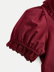 Girlism Tween Girls' Red Lace Patchwork Puff Sleeve Button-Front Collared Short Casual Shirt - Red - View 4