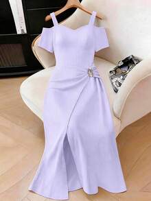 Elenzga Plus Size Women Solid Color Metal Decor Ruched Waist Elegant Party Dress - Mauve Purple - View 3