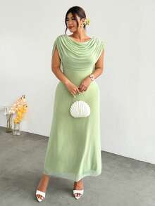 Firerie Robe de soirée élégante vert sauge grande taille pour femme, robe d'invitée de mariage d'été, col drapé en maille élastique, taille cintrée, pour remise de diplôme, bal et rassemblement - Vert - Voir 2