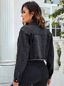 EMERY ROSE Áo khoác denim nữ tay dài cài một hàng khuy, đính ngọc trai, kiểu dáng thường ngày - màu đen - Xem 2