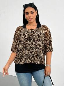 SHEIN Essnce Ensemble deux pièces pour femmes grandes tailles, mode printemps/été décontracté, extensible et confortable. Gilet long noir polyvalent et affinant, avec cache-maillot transparent à imprimé léopard. Tenue de sortie, tenue de travail, style simple, été européen - Tabac - Voir 3