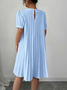 Elenzga Gaun Mini Wanita Elegan Romantis Longgar Warna Polos dengan Lengan Berlipat dan Motif Kelopak Bunga, Serbaguna untuk Musim Semi/Panas - Baby Blue - View 2