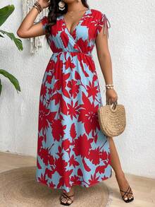 SHEIN Clasi Plus Size Women's Royal Blue V-Neck Split Dress Maxi Women Outfit Vacation Summer Boho - Rose Red - View 6