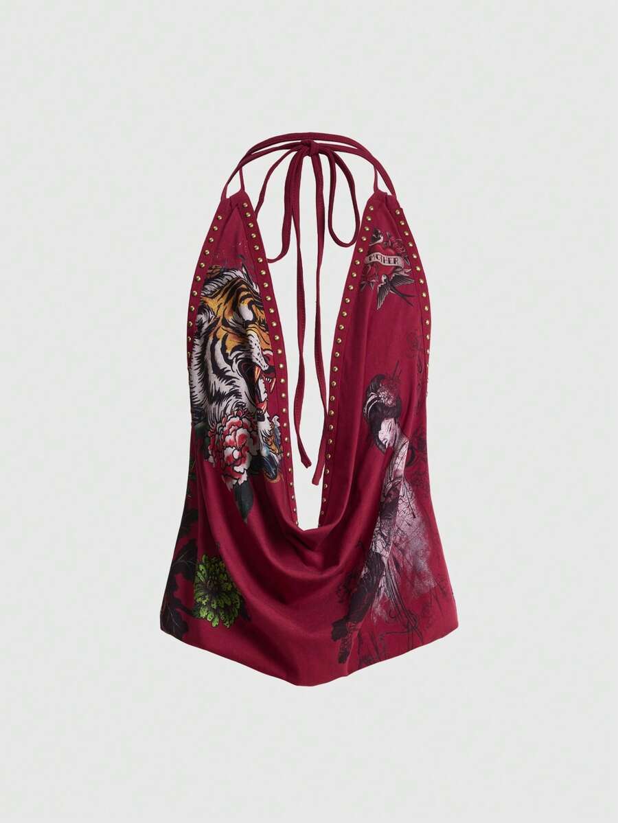 ROMWE Grunge Punk Model Camisole Seksi Berpotongan Dalam dengan Detail Draping dan Motif Kepala Harimau & Geisha Bergaya Vintage Y2K Retro dengan Hiasan Berlian Imitasi untuk Wanita - Burgundy - View 1