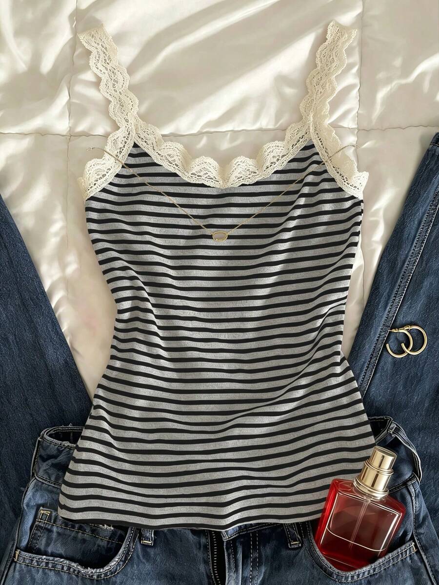 Glimmora Áo camisole nữ phối ren kẻ sọc tương phản, kiểu dáng thường ngày. - Xám - Xem 1