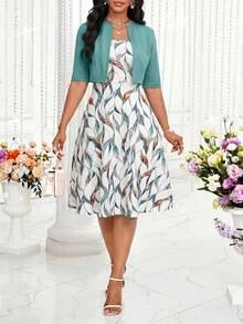 SHEIN Lady Bộ đồ nữ gồm váy in họa tiết lá và áo khoác cardigan màu trơn, kiểu dáng thường ngày. - Nhiều màu - Xem 3