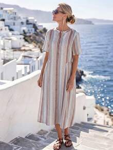 Faunlyn Women's Striped Multicolor Button Half-Placket Round Neck Dress - Multicolor - View 7
