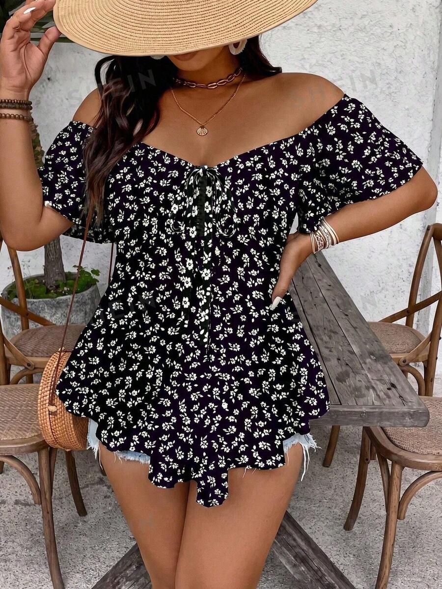 SHEIN VCAY Plus Size Women Elegant Floral Print Sexy Off-Shoulder T-Shirt - Multicolor - View 1