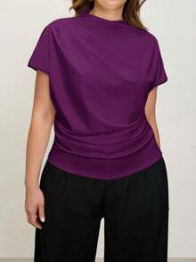 Comfylo 3D Pleated Solid Color Plus Size Short Sleeve Top - Purple - View 4