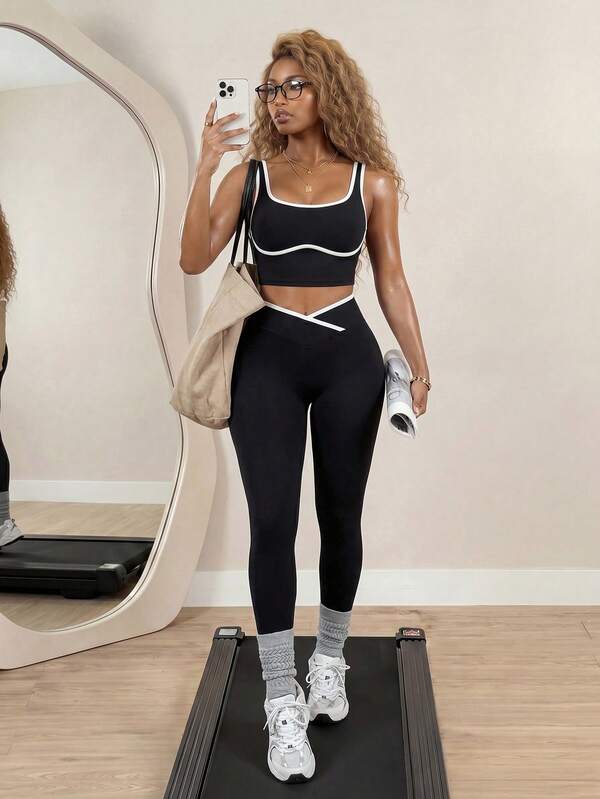 BamGleam Conjunto deportivo de mujer de dos piezas con bloques de color sin costuras, malla de yoga, conjunto de fitness, conjunto de entrenamiento de dos piezas, conjunto activo de dos piezas, conjunto deportivo negro de dos piezas