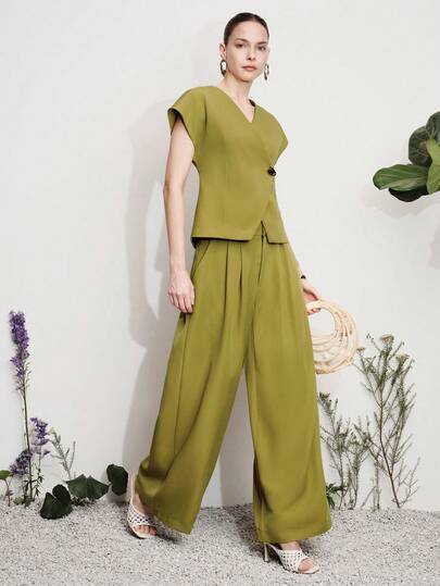 Aveloria Modichic Minimalist Elegant Quality Women's Commuting Daily Wear Olive Green V-Neck Asymmetric Metal Buckle Decor Blazer Jacket Paired With Pleated Leg Pants Suit