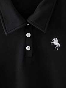 SHEIN Đầm nữ tuổi teen màu đen cổ polo thêu họa tiết, xếp ly, kiểu dáng đồng phục học sinh. - màu đen - Xem 7
