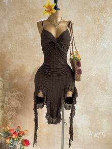 Soleia Women's Twist Design Ruffle Asymmetric Hem Camisole Dress,Dresses For Women Summer Beach Dark Brown Boho - Coffee Brown - View 4