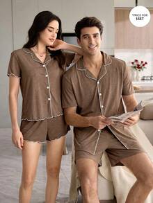 CoupledUp Men's Brown Notched Collar Open Front Striped Trim Soft Draping Knit Fabric Short Sleeve Shorts Set, Casual Loungewear For Spring, Summer & Autumn - Brown - View 1