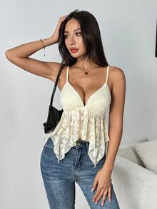 SHEIN Unity 女款夏季白色蕾絲不對稱下擺細肩帶背心上衣 - 杏色 - 查看 6